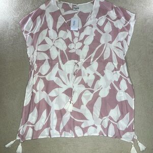 NEW Poolside Paradiso Kaftan Cover Up Floral Pink White Tassel Drawstring XL 2XL